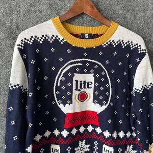 Miller Lite Sweater Mens L Blue Ugly Christmas Snow Globe Reindeer Novelty